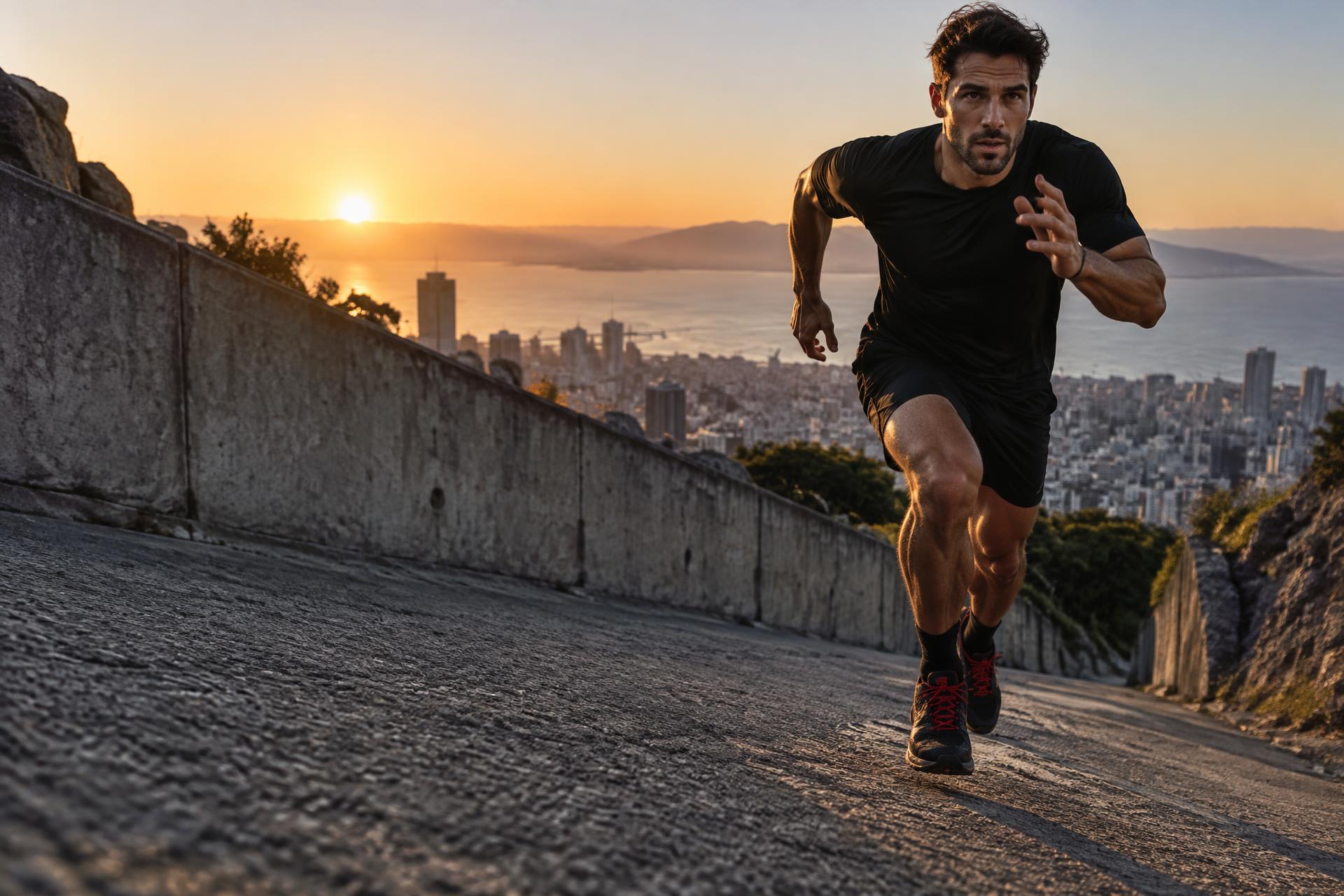 Runner training outdoors at sunrise in black performance apparel